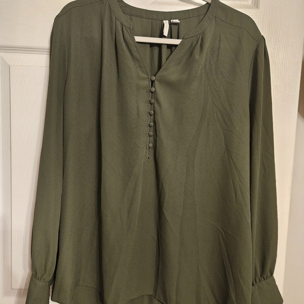 Cato Olive Green Button-Front Long Sleeve Blouse